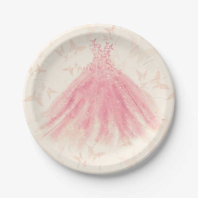 Butterfly Dance Peach Sparkle Dress Bridal Shower Paper Plate (Front)