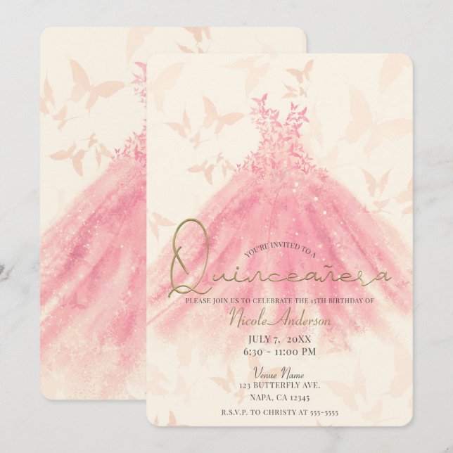 Butterfly Dance Peach Sparkle Dress Quinceañera Invitation (Front/Back)