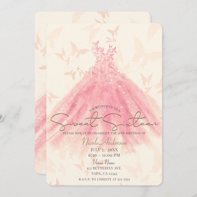 Butterfly Dance Peach Sparkle Dress Sweet 16 Party Invitation (Front/Back)