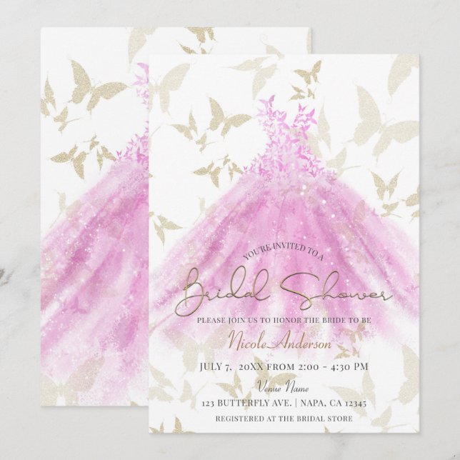 Butterfly Dance Pink Gold Dress Bridal Shower Invitation (Front/Back)