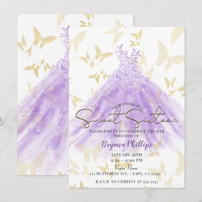 Butterfly Dance Purple Dress Gold Sweet 16 Party Invitation (Front/Back)
