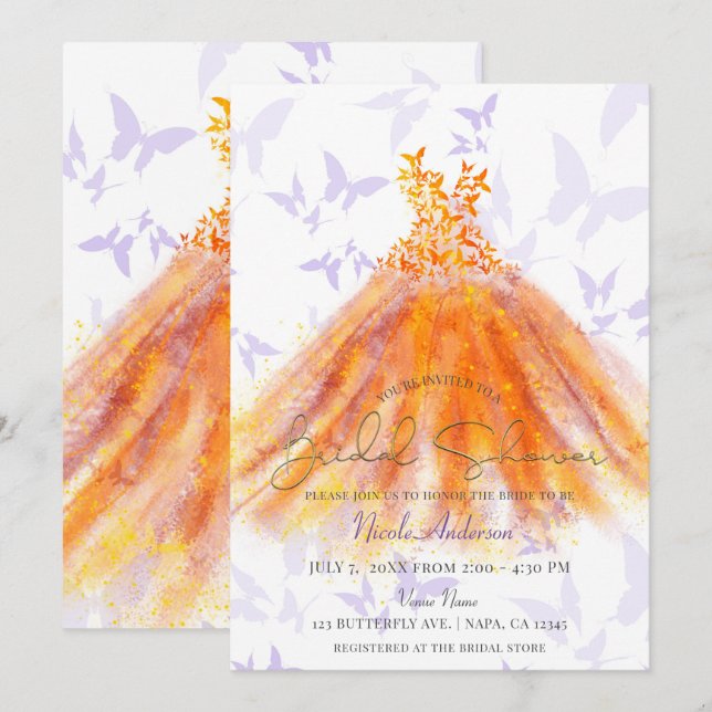 Butterfly Dance Purple Orange Dress Bridal Shower Invitation (Front/Back)