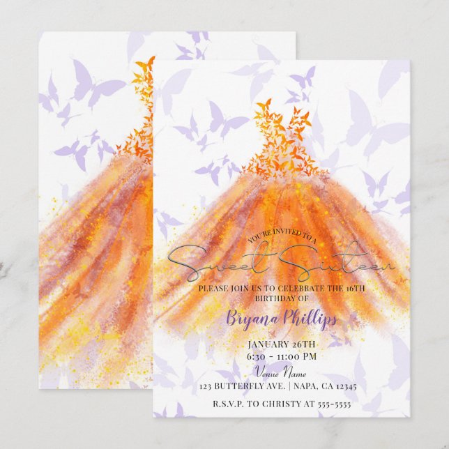 Butterfly Dance Purple Orange Dress Sweet 16 Party Invitation (Front/Back)