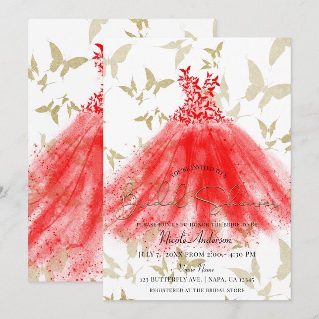 Butterfly Dance Red Dress Gold Bridal Shower Invitation (Front/Back)
