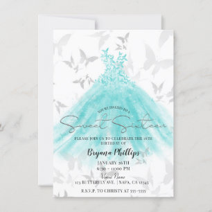 Butterfly Dance Turquoise Dress Sweet 16 Party Invitation