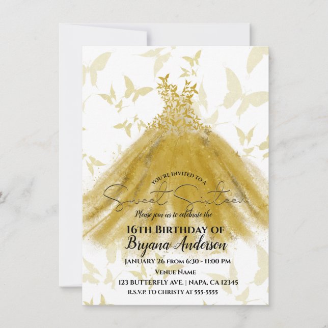 Butterfly Dance Yellow Gold Dress Gold Sweet 16 Invitation (Front)