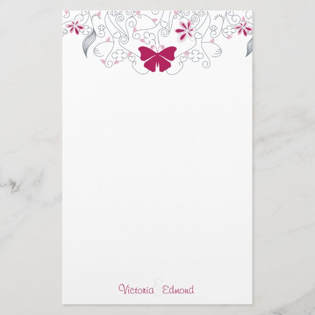 Butterfly Dark Pink Whimsy Personalised Stationery (Front)