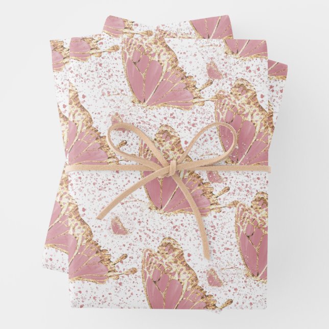 Butterfly Deco Pink Yellow Gold Speckles  Wrapping Paper Sheet (In situ)