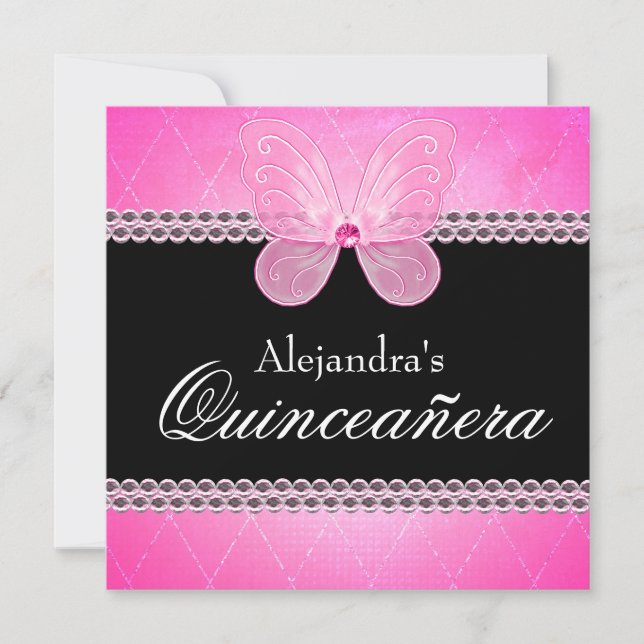 Butterfly Diamonds Pink Quinceanera Invitation (Front)