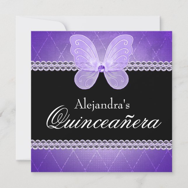 Butterfly Diamonds Purple Quinceanera Invitation (Front)