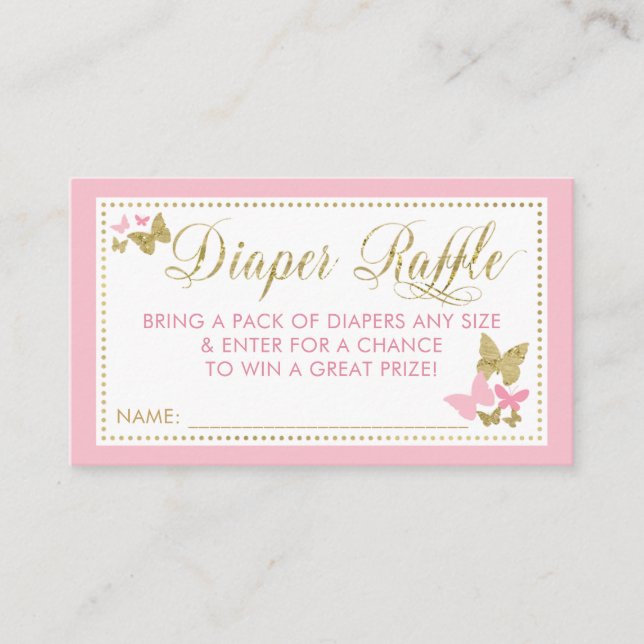 Butterfly Diaper Raffle Ticket, Pink Gold Business Card (Front)