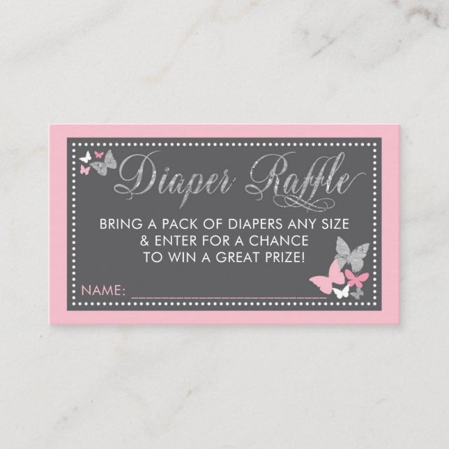 Butterfly Diaper Raffle Ticket, Pink Grey Business Card (Front)
