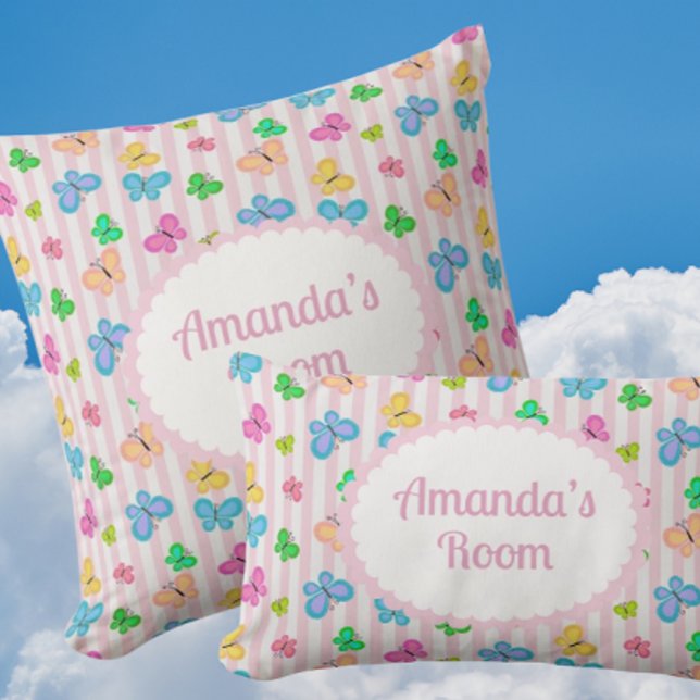 Butterfly Dreams Personalized Pink Stripe  Cushion (Personalize these sweet pillows for someone special!)