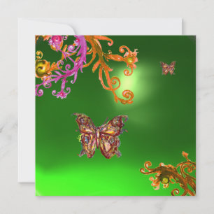 BUTTERFLY EMERALD GREEN, bright pink yellow brown Invitation