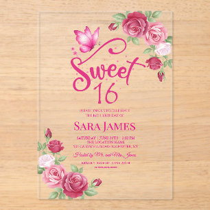 Butterfly Enchanted Rose Sweet 16 Birthday Acrylic Invitations