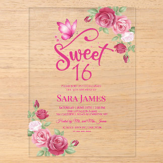 Butterfly Enchanted Rose Sweet 16 Birthday Acrylic Invitations