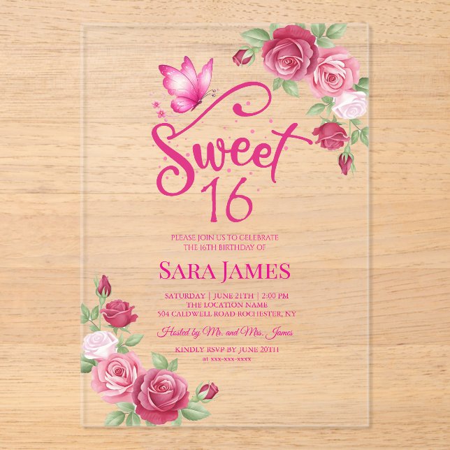 Butterfly Enchanted Rose Sweet 16 Birthday Acrylic Invitations (Front)