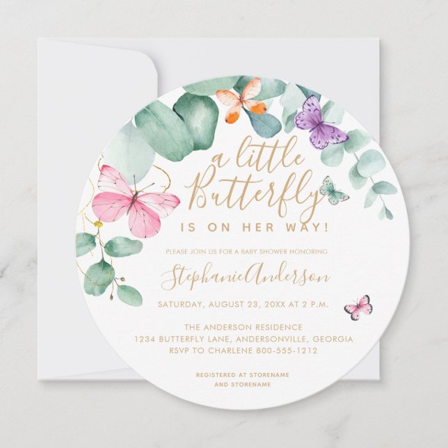 Butterfly Eucalyptus Pink Gold Round Baby Shower Invitation (Front)