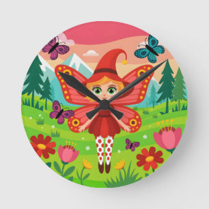 Butterfly Fairy Illustration in Whimsical Forest Round Clock
