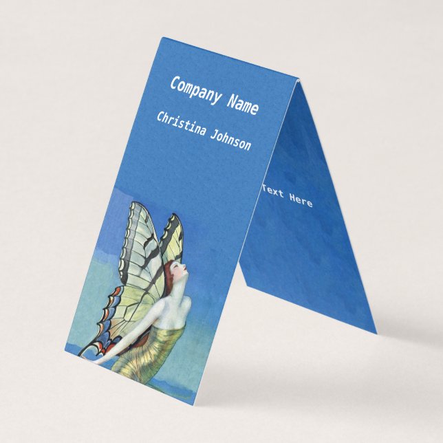 Butterfly Fairy Monarch Wings Golden Dress Blue Business Card (Front)
