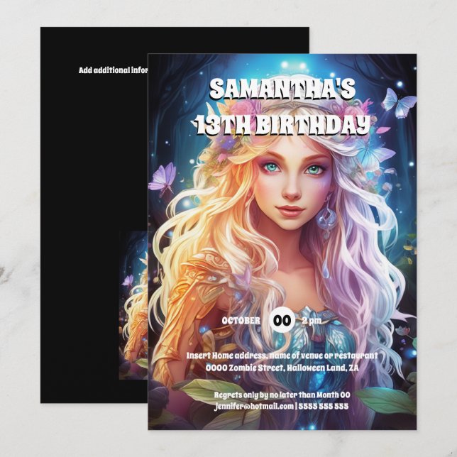 Butterfly fairy princess blonde hair girls fantasy invitation (Front/Back)