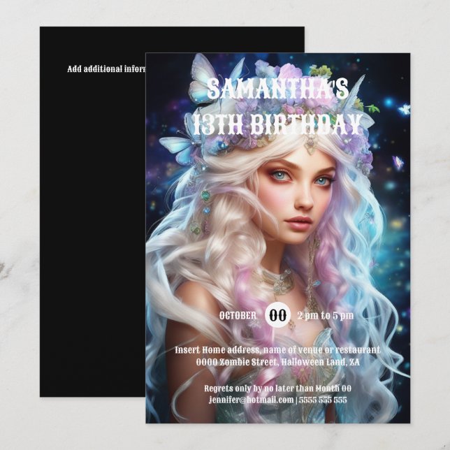 Butterfly fairy princess blonde hair girls fantasy invitation (Front/Back)