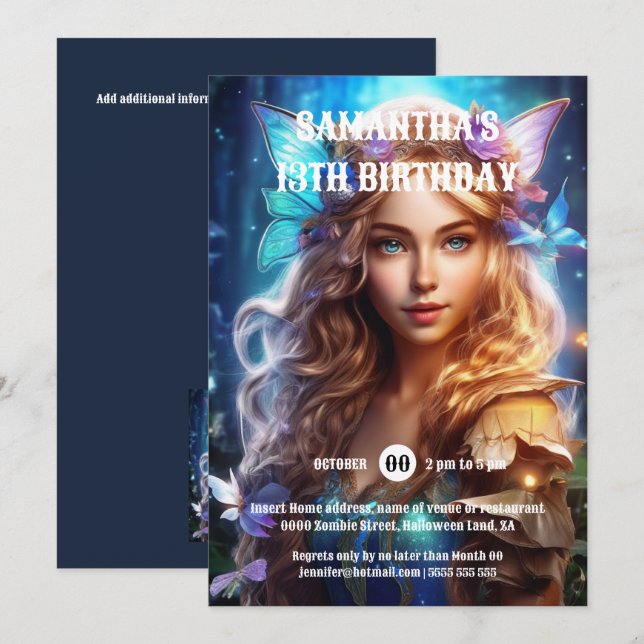 Butterfly fairy princess brown hair girls fantasy invitation (Front/Back)