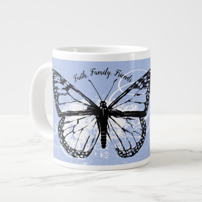 Butterfly Faith Family Friends Blue Monogrammed Large Coffee Mug (Front Left)