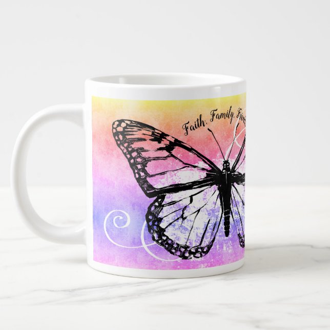 Butterfly Faith Family Friends Rainbow Monogram Large Coffee Mug (Left)