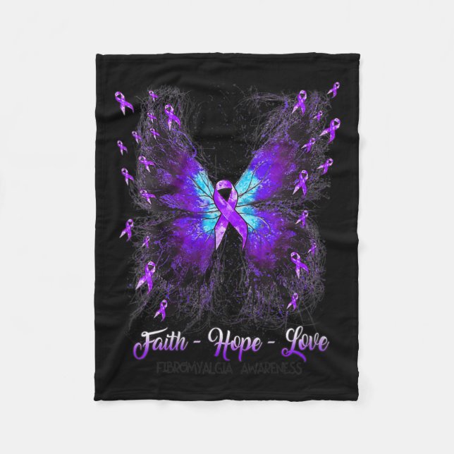 Butterfly Faith Hope Love Fibromyalgia Awareness 2 Fleece Blanket (Front)