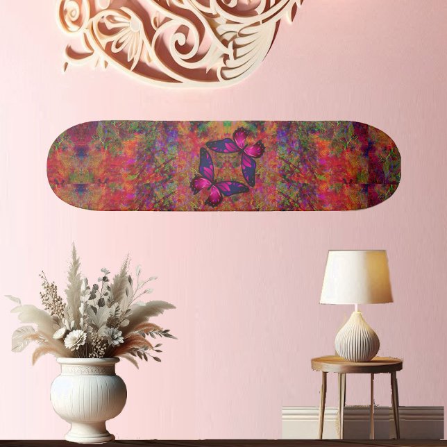 Butterfly Fantasy World Skateboard (Abstract Art Butterfly Fantasy Pink Fuchsia Decor Skateboard)