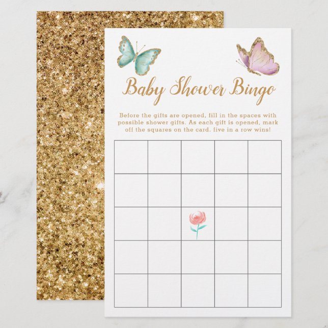 Butterfly Faux Gold Baby Shower Bingo Game (Front/Back)