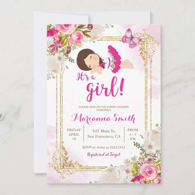 Butterfly Fiesta Mexican Pink Flowers Baby Shower Invitation (Front)