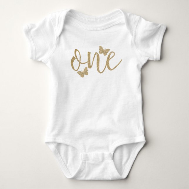 Butterfly First Birthday Faux Glitter Shirt (Front)
