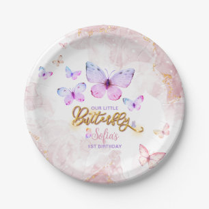 Butterfly First Birthday Girl 1st Pink Purple Paper Plate