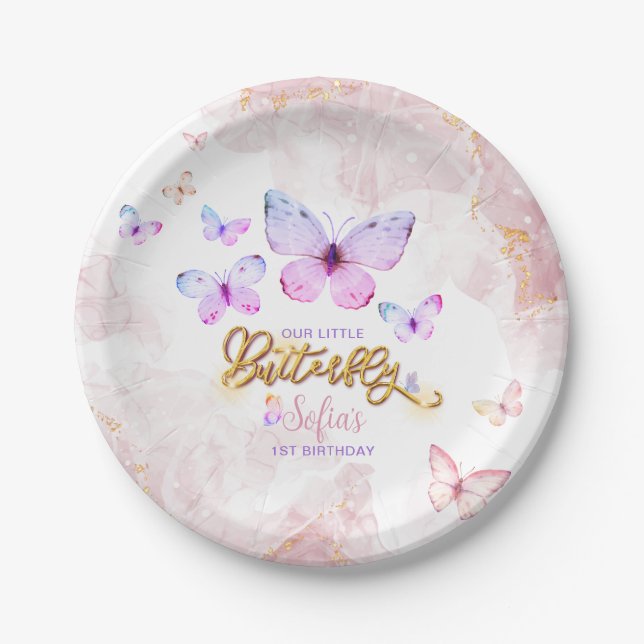 Butterfly First Birthday Girl 1st Pink Purple Paper Plate (Front)