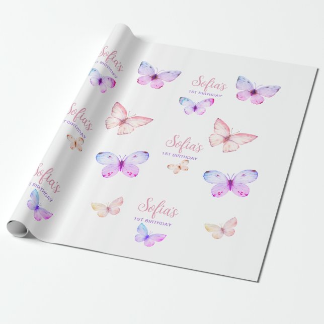 Butterfly First Birthday Girl 1st Pink Purple Wrapping Paper (Unrolled)