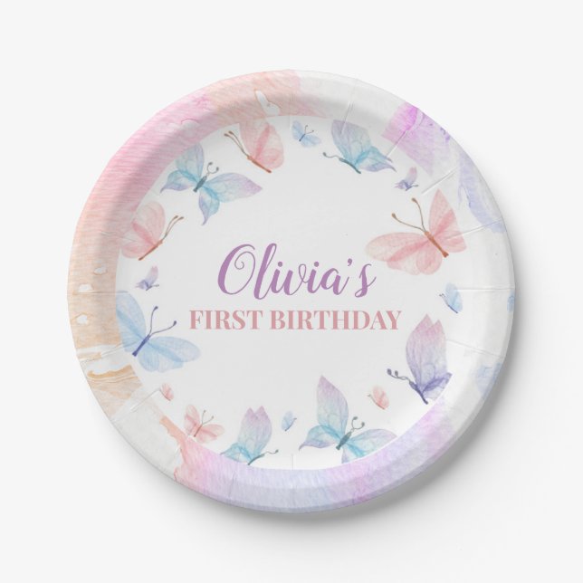 Butterfly First Birthday Girl Paper Plates (Front)