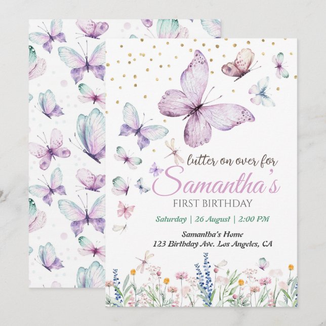 Butterfly First Birthday Invitation (Front/Back)