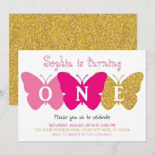 Butterfly First Birthday Invitation   Pink & Gold