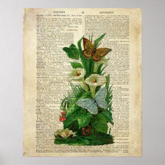 Butterfly floral art on vintage dictionary page poster