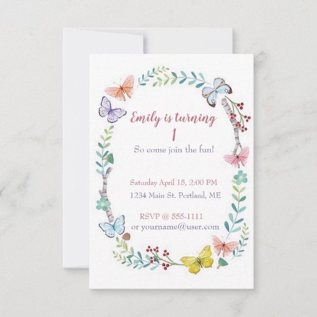 Butterfly floral baby birthday party custom invitation (Front)