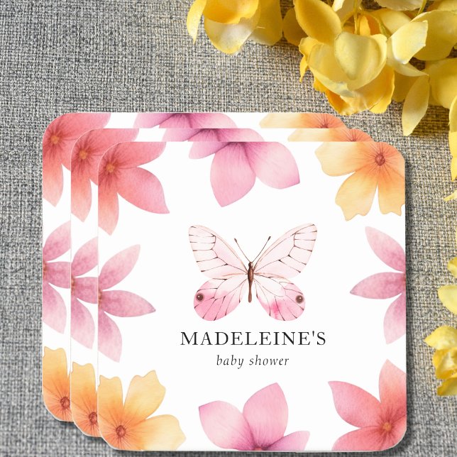 Butterfly Floral Baby Shower Personalised  Square Paper Coaster (Creator Uploaded)