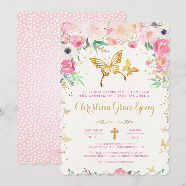 Butterfly Floral Baptism Invitation (Front/Back)