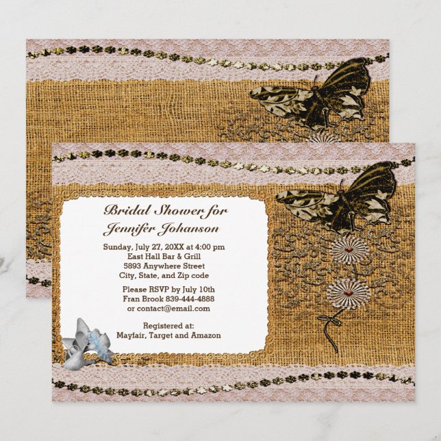 Butterfly Floral Beads Lace & Burlap Bridal Shower Invitation (Front/Back)