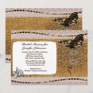 Butterfly Floral Beads Lace & Burlap Bridal Shower Invitation
