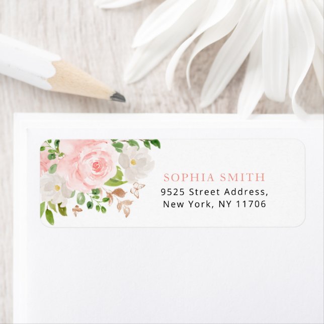Butterfly Floral blush pink roses return Address (Insitu)