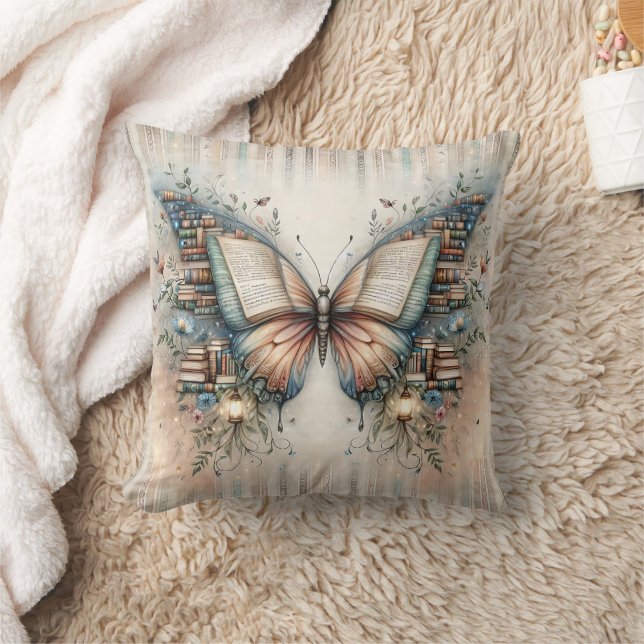 Butterfly Floral Book Throw Pillow, Nursery Decor Cushion (Blanket)