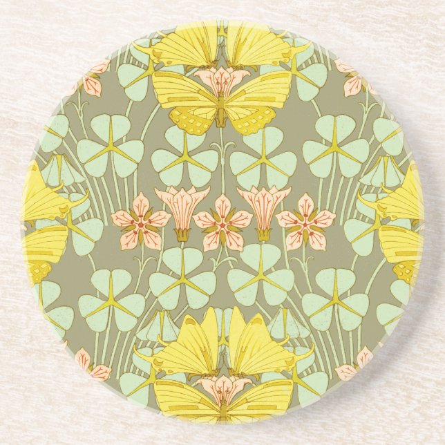Butterfly Floral Botanical Art Nouveau Coaster (Front)