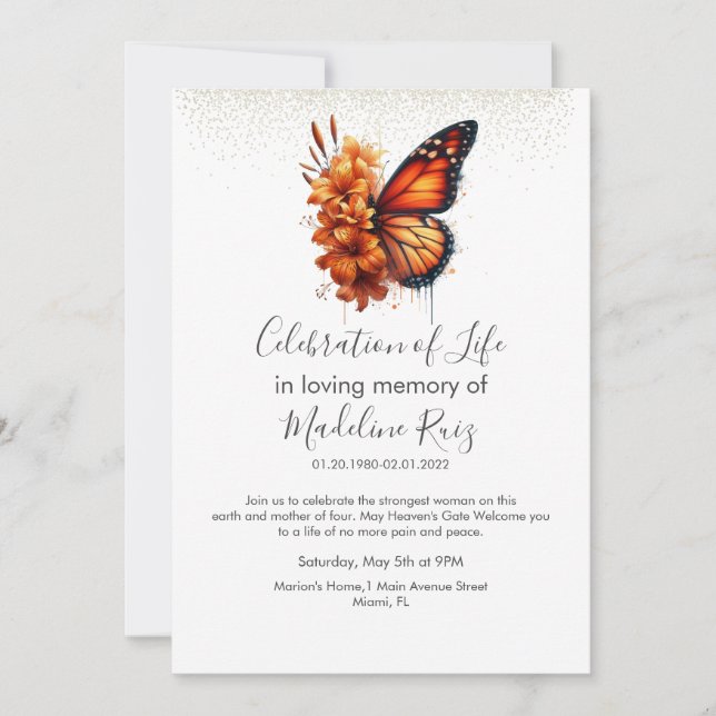 Butterfly Floral Botanical Celebration of Life  Invitation (Front)